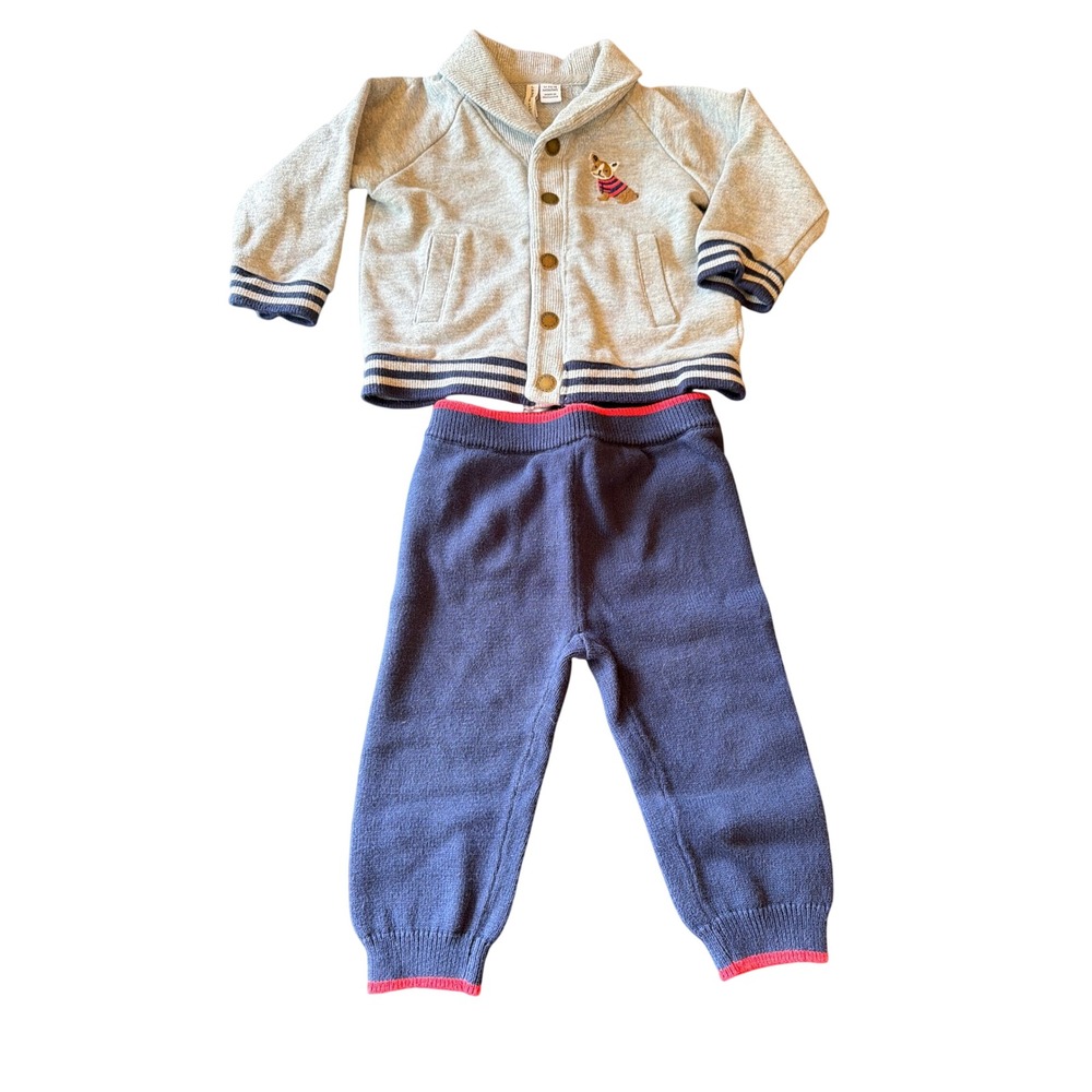 Janie and Jack 2pc Set Gray Navy French Bulldog Cardigan & Knit Joggers 12-18M